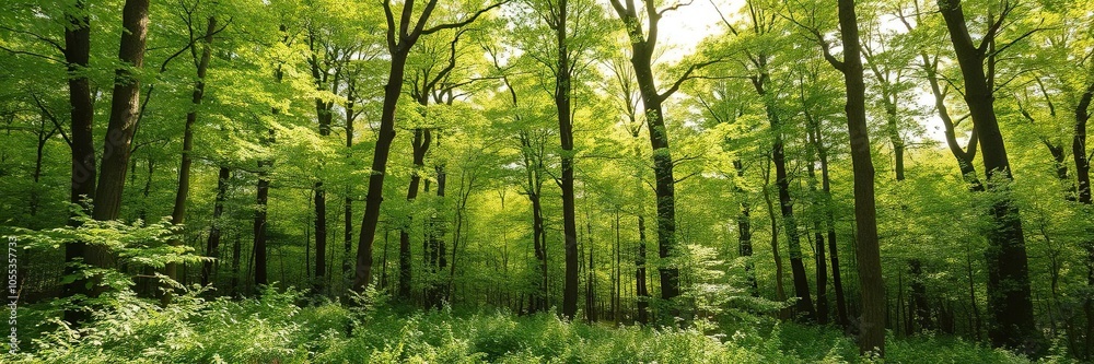 Fototapeta premium Lush green forest bathed in sunlight during spring, forest, fresh