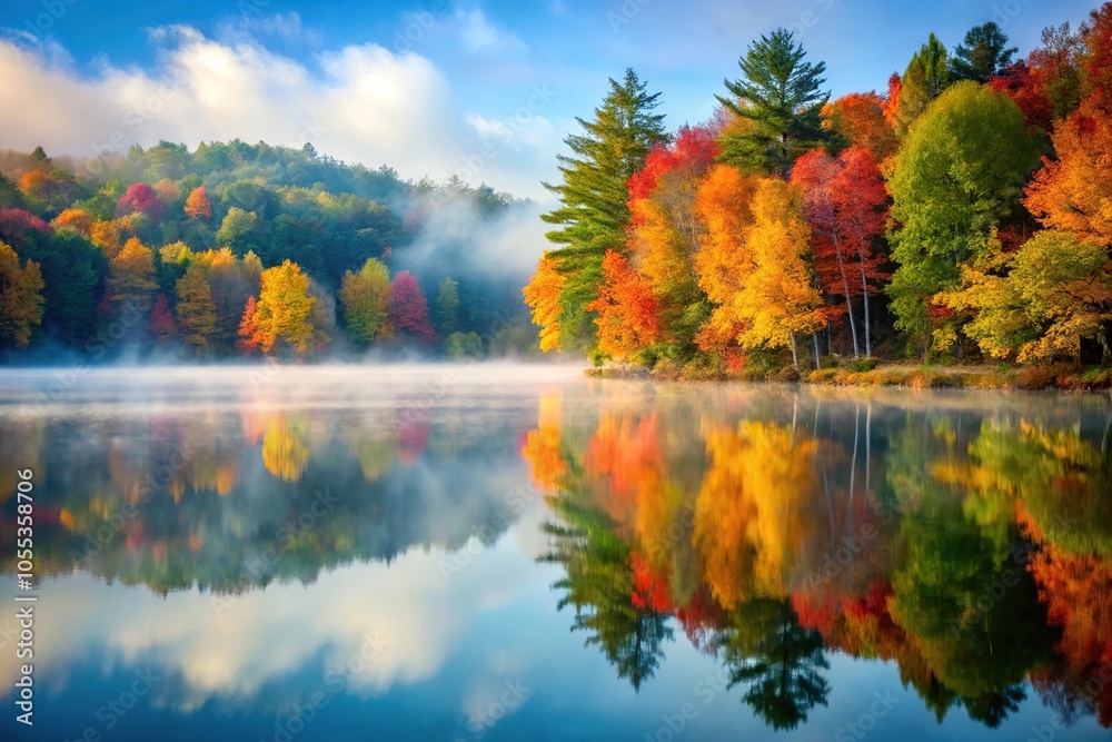 Misty fog rolls in off a serene lake on a cool fall morning amidst towering trees and vibrant foliage, autumn landscape, outdoor scene, fall scenery, fall colors