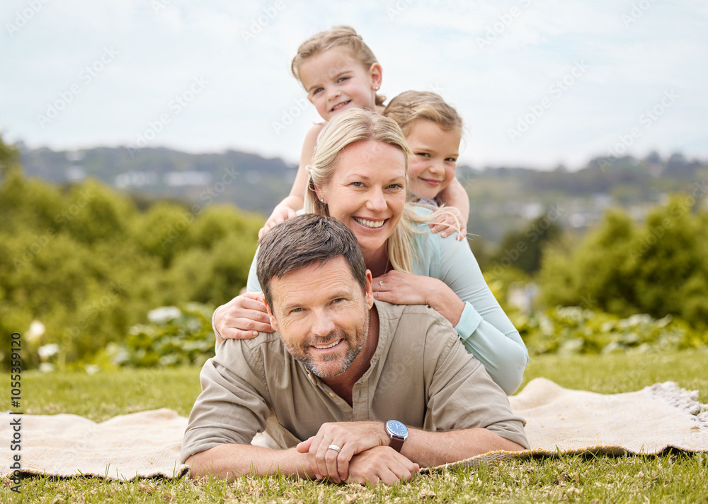 Portrait, stack and family in park with kids, smile and outdoor piggy back on weekend morning together. Mom, dad and girl children on blanket in garden for happy bonding, relax and love in nature Portrait, stack and family in park with kids, smile and outdoor piggy back on weekend morning together. Mom, dad and girl children on blanket in garden for happy bonding, relax and love in nature