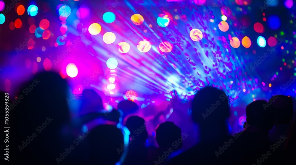 A crowd of people at a party with colorful lights A crowd of people at a party with colorful lights