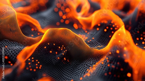 Fototapeta Naklejka Na Ścianę i Meble -  Orange Cyber Relief: Waving Black Surface in Abstract 3D Rendering