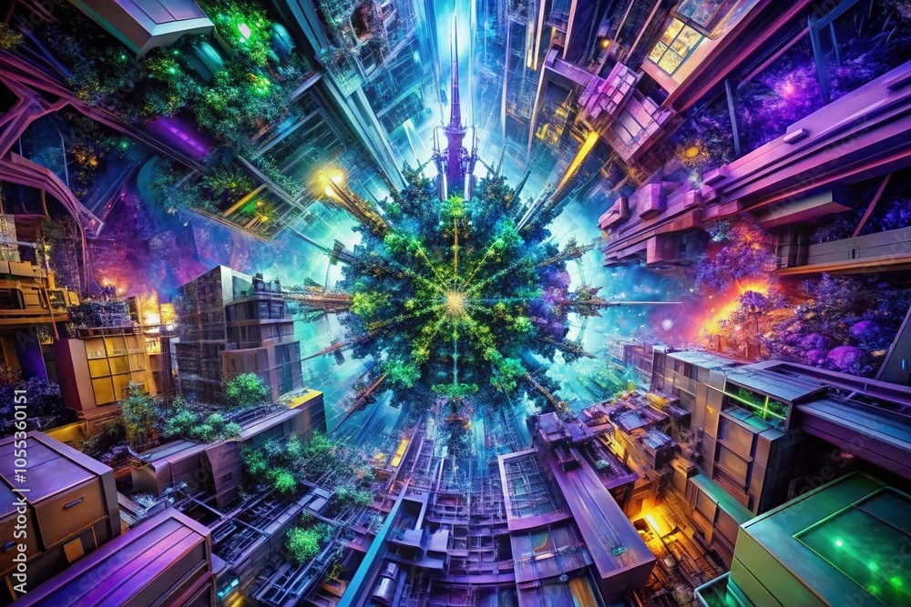 Obraz premium Abstract Chaos Fractal Art in Vibrant Purples, Blues, and Greens for Urban Exploration Photography