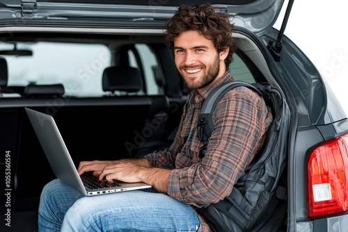 A person sitting in the backseat of a vehicle with a laptop, possibly working or studying