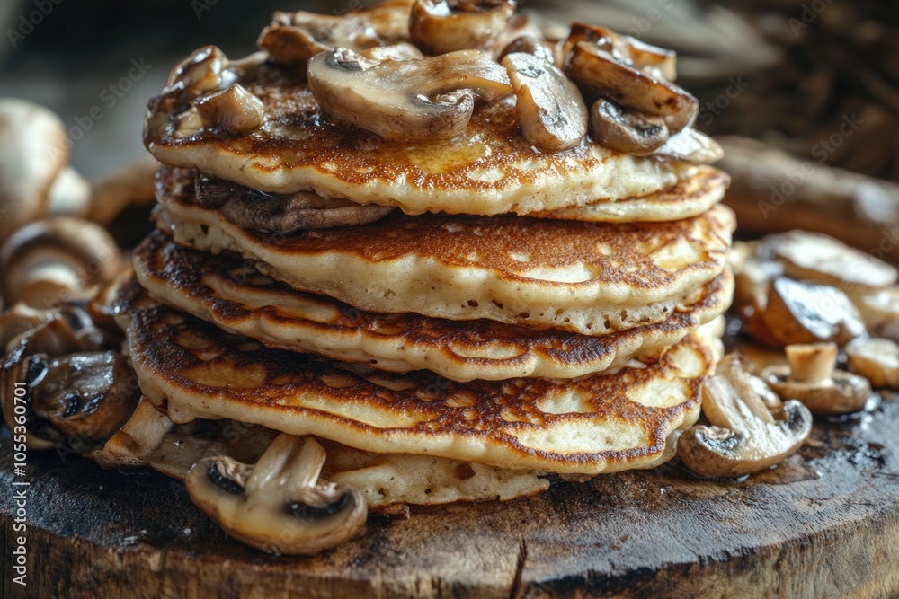 A stack of pancakes topped with fresh mushrooms
