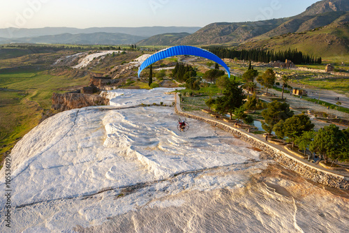 Aerial view of beautiful travertine terraces and thermal pools in Pamukkale, Denizli, Turkey. photo