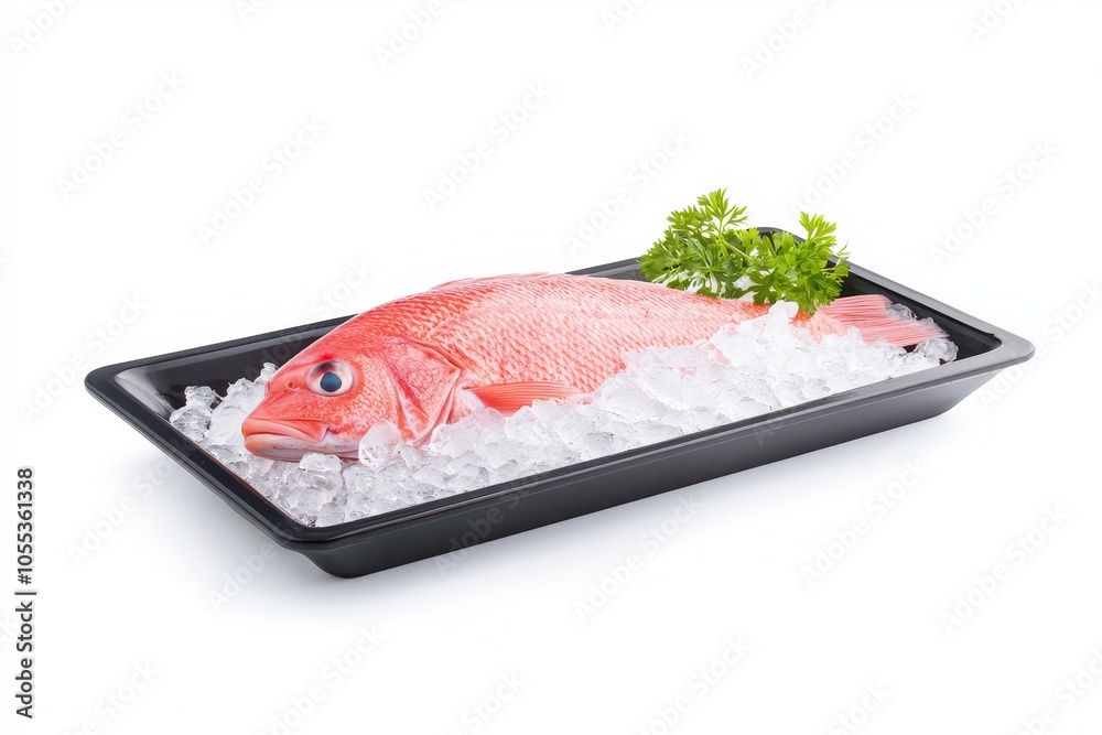 Fresh red snapper on ice with garnish for culinary delights Fresh red snapper on ice with garnish for culinary delights