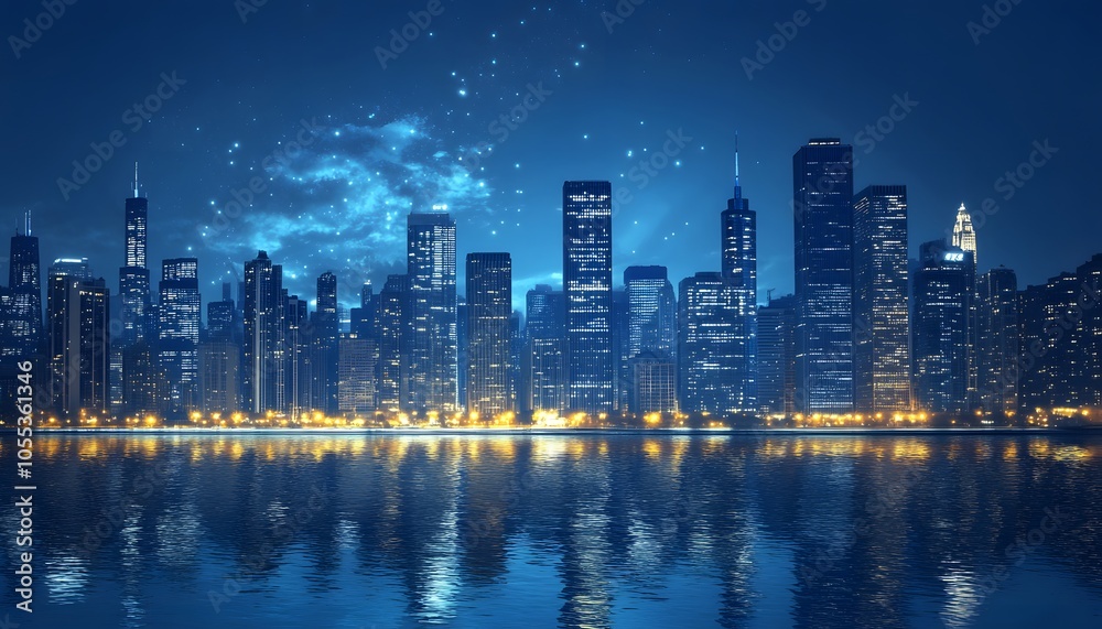 Nighttime Cityscape with Illuminated Skyscrapers Reflected in Water Nighttime Cityscape with Illuminated Skyscrapers Reflected in Water