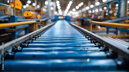 Wallpaper Mural A close-up view of a conveyor belt in a warehouse or factory, showcasing rollers and a blurred background of activity. Torontodigital.ca