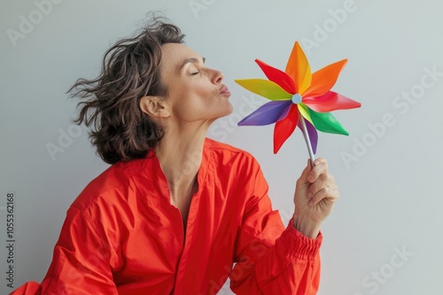 A woman is blowing a colorful pinwheel on a sunny day photo