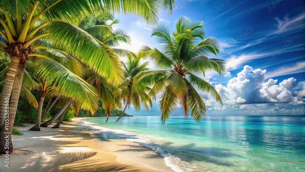 Soft focus tropical paradise landscape with palm trees swaying in ocean breeze, nature, island life, seashell Soft focus tropical paradise landscape with palm trees swaying in ocean breeze, nature, island life, seashell