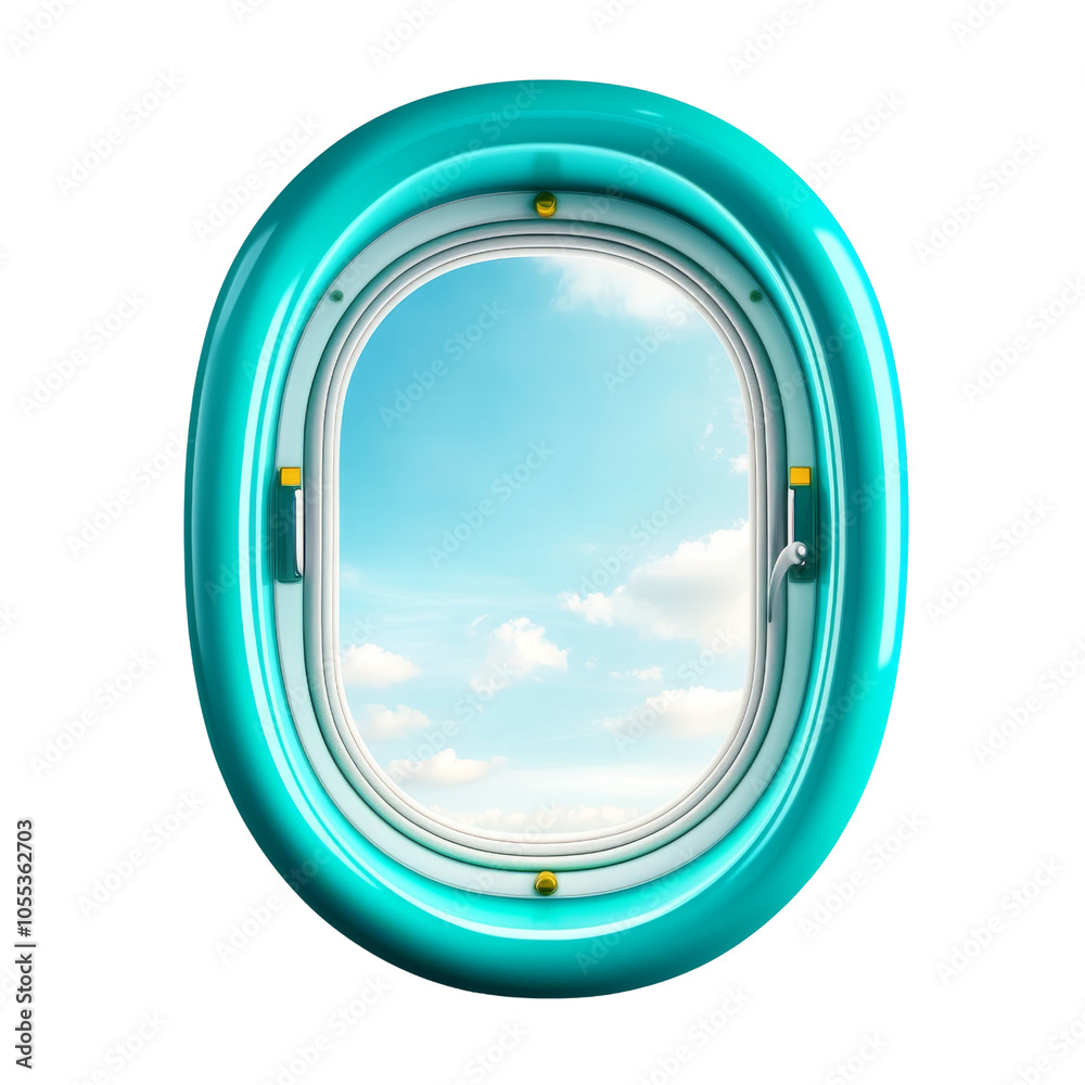 Obraz premium Aerial view through an airplane window with clear blue sky and fluffy white clouds. on transparent background.