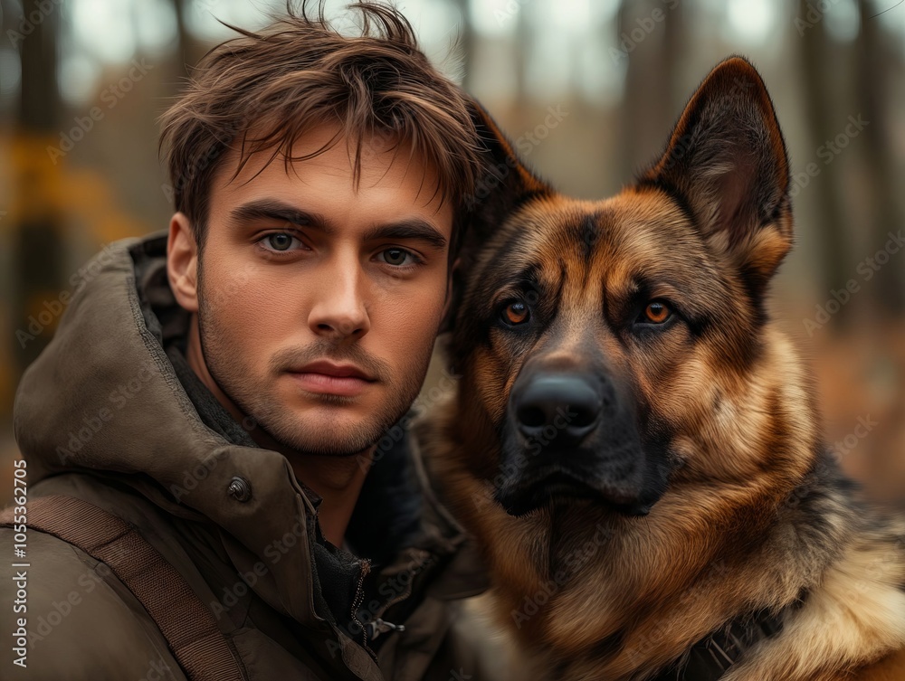 A man and his dog are posing for a picture A man and his dog are posing for a picture
