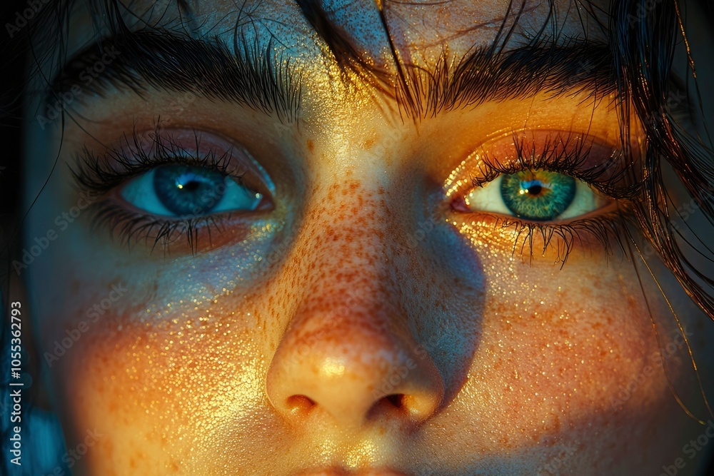 Close-up of a Woman's Face with Freckles and Golden Sparkle Close-up of a Woman's Face with Freckles and Golden Sparkle