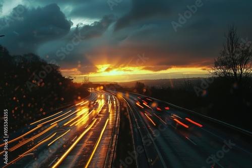 A scenic view of a highway at sunset from inside a moving vehicle