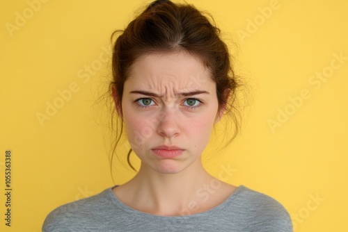 A woman displaying worry and uncertainty with a thoughtful facial expression photo