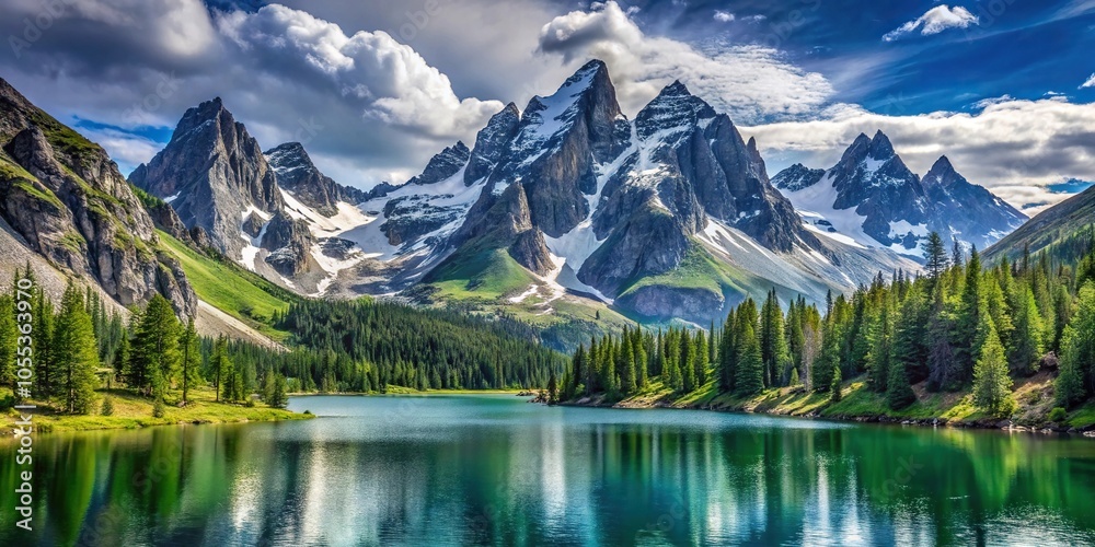 Towering granite peaks with snow-capped summits, lush green forests and serene lakes, mountain range, natural scenery, outdoor adventure Towering granite peaks with snow-capped summits, lush green forests and serene lakes, mountain range, natural scenery, outdoor adventure