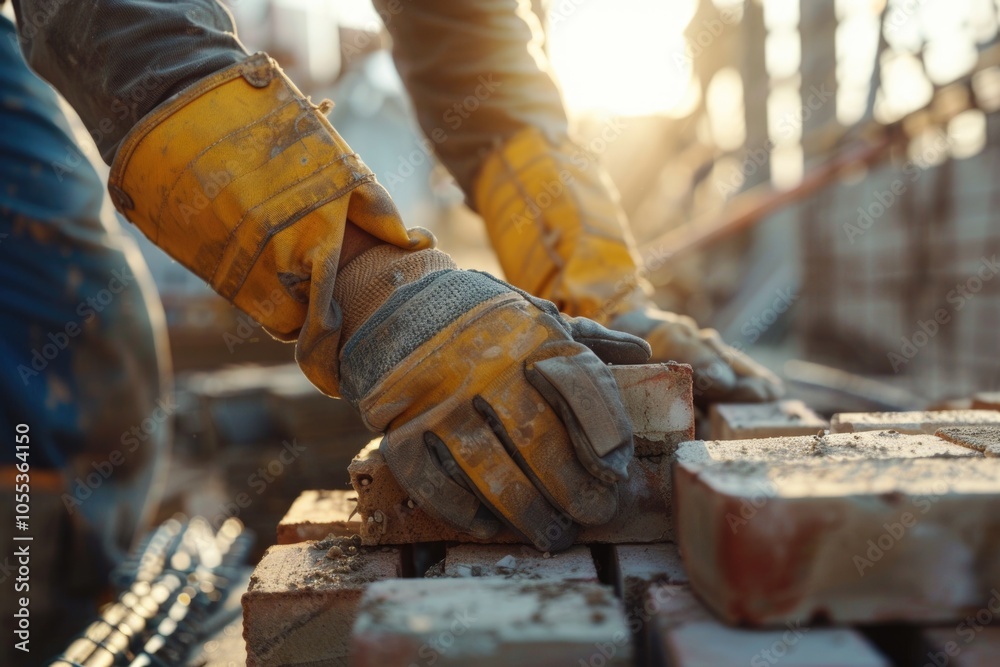 A person wearing a yellow vest and hard hat works on a brick wall, hammer in hand A person wearing a yellow vest and hard hat works on a brick wall, hammer in hand