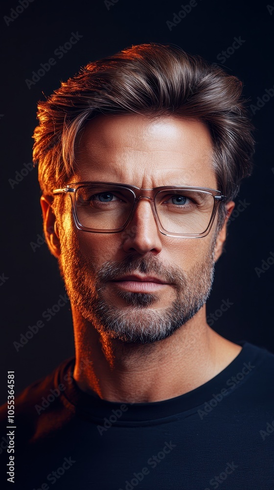 Fototapeta premium A confident middle-aged man models stylish transparent rectangular glasses with dramatic lighting