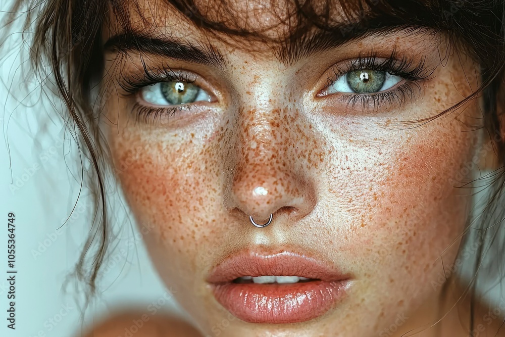 Close-up Portrait of a Woman with Freckles and a Nose Ring Close-up Portrait of a Woman with Freckles and a Nose Ring