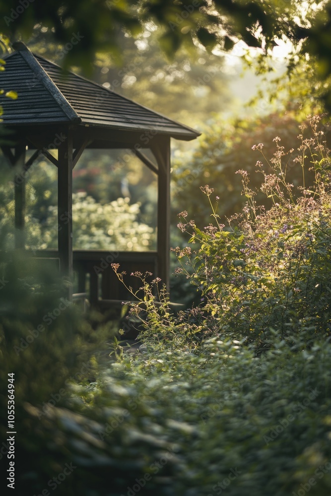 Naklejka premium A picturesque gazebo surrounded by lush green trees in a dense forest