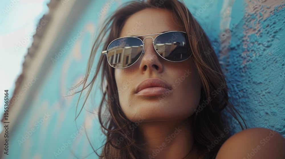 A woman wearing sunglasses leans against a blue wall, looking relaxed A woman wearing sunglasses leans against a blue wall, looking relaxed