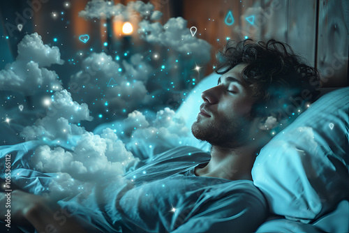 Peaceful Sleeper with Ethereal Dream Clouds Against Night Setting