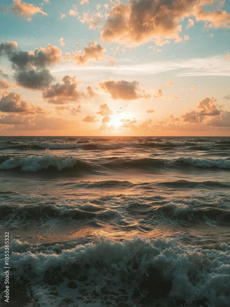 Vibrant sunset sky casting golden hues over turbulent waves of the wild sea, sky, colorful, twilight Vibrant sunset sky casting golden hues over turbulent waves of the wild sea, sky, colorful, twilight