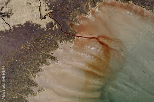 Aerial view of beautiful abstract landscape with river and coastline showing sediment patterns, Forres, Scotland, United Kingdom.