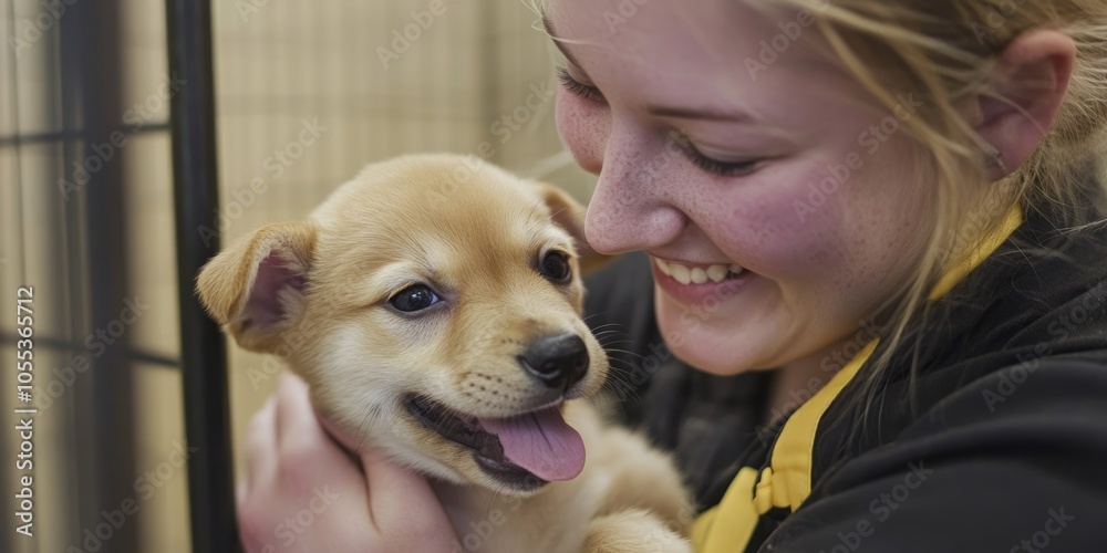 An animal shelter volunteer gently petting a puppy, highlighting care and compassion An animal shelter volunteer gently petting a puppy, highlighting care and compassion