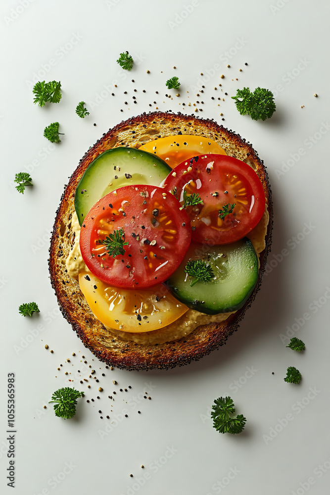 an open-faced hummus sandwich with assorted vegetables, placed on a minimalistic white background an open-faced hummus sandwich with assorted vegetables, placed on a minimalistic white background