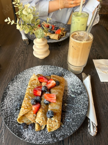 Crêpes with matcha and icecoffe photo