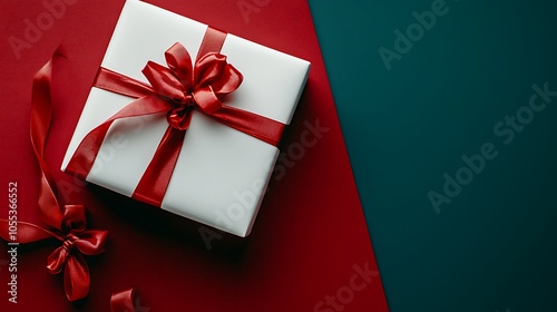 Minimalist White Gift Box with Red Ribbon on Dark Background