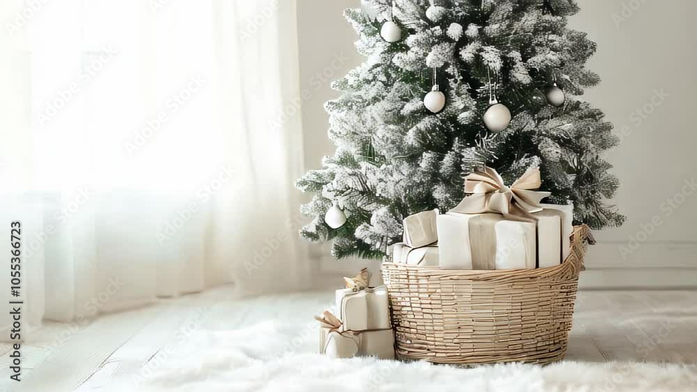 Cozy Christmas tree adorned with silver ornaments and beautifully wrapped presents in a bright living room Cozy Christmas tree adorned with silver ornaments and beautifully wrapped presents in a bright living room