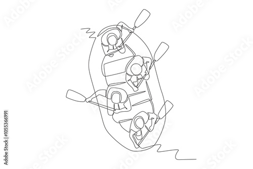 Group enjoying white water rafting. River rafting concept one-line drawing