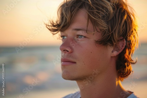 A young man stands on the edge of a sandy beach, overlooking the vast ocean