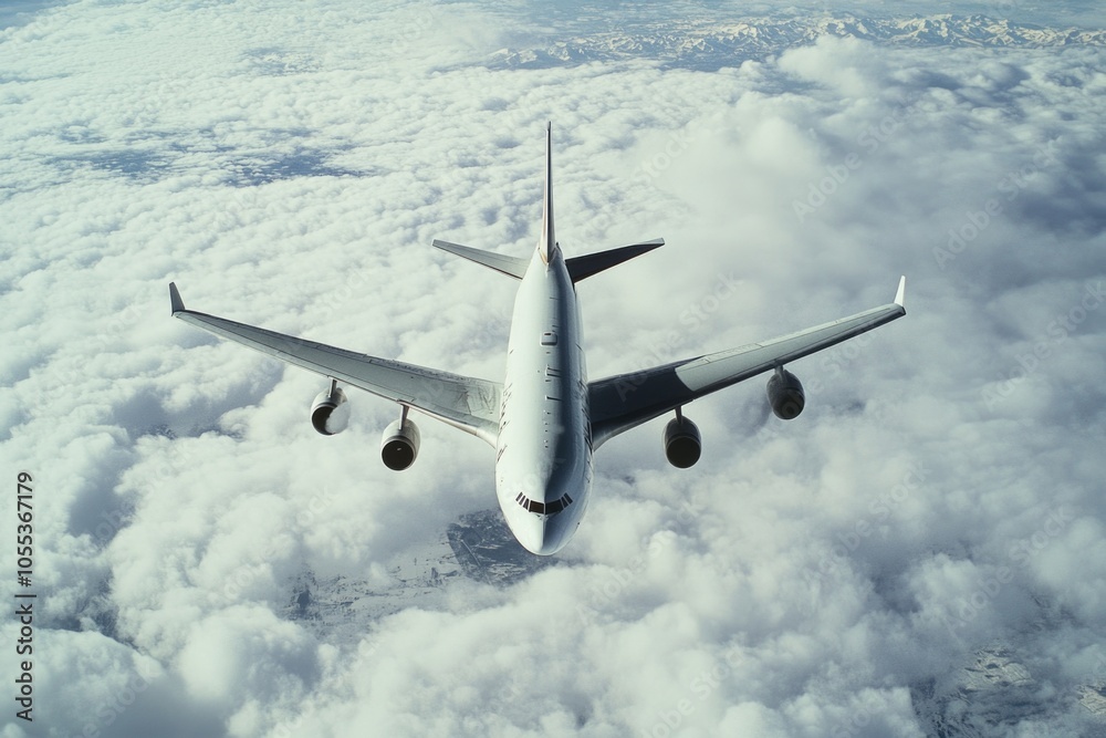 A commercial airliner soars through the clouds, with a clear blue horizon in sight A commercial airliner soars through the clouds, with a clear blue horizon in sight