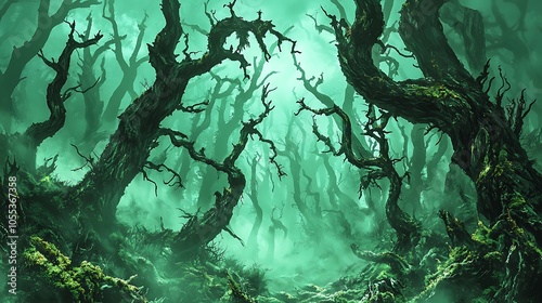 Creepy Twisted Trees in a Foggy Nightmare Forest