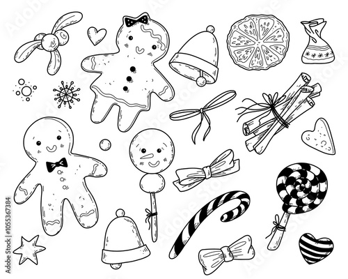 Vector illustration set of gingerbread cookies for Christmas in doodle hand drawn style.