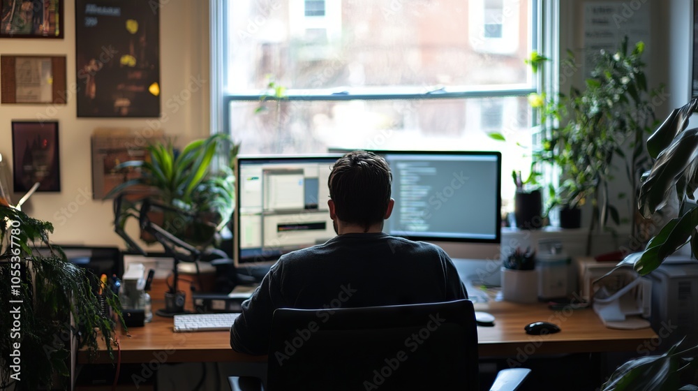 Blurry photograph of a modern open-plan office with professionals collaborating and working at desks Blurry photograph of a modern open-plan office with professionals collaborating and working at desks