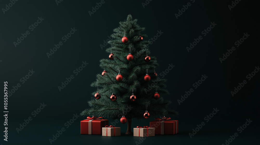 3d wild green Christmas tree with wooden ornaments like red presents 3d wild green Christmas tree with wooden ornaments like red presents