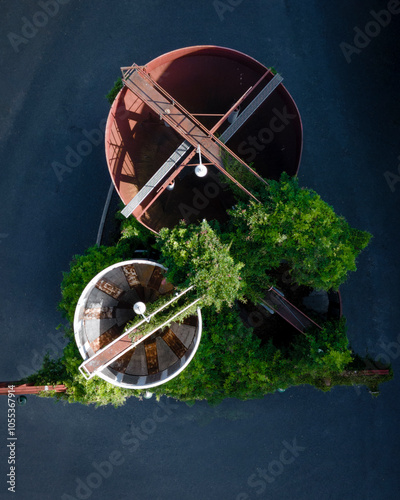 Aerial view of industrial structures surrounded by greenery and modern architecture, Tobin Hill, San Antonio, United States. photo