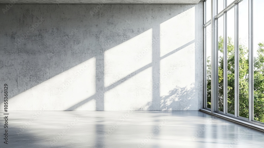 Blank wall in bright concrete office with large windows 3d mockup rendering for design presentation Blank wall in bright concrete office with large windows 3d mockup rendering for design presentation