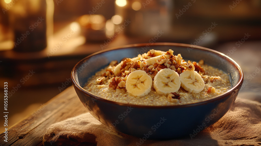 a bowl of quinoa porridge with banana slices and mixed nuts on a wooden table a bowl of quinoa porridge with banana slices and mixed nuts on a wooden table