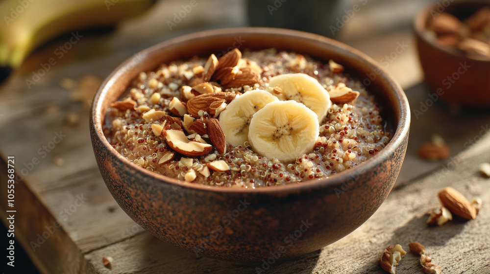 a bowl of quinoa porridge with banana slices and mixed nuts on a wooden table a bowl of quinoa porridge with banana slices and mixed nuts on a wooden table