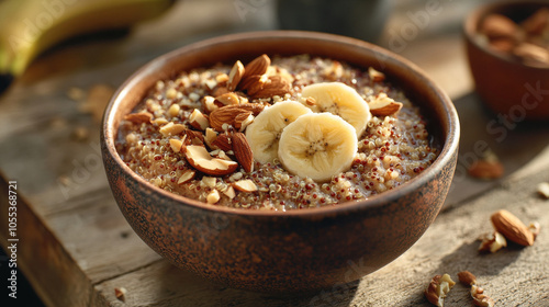 a bowl of quinoa porridge with banana slices and mixed nuts on a wooden table