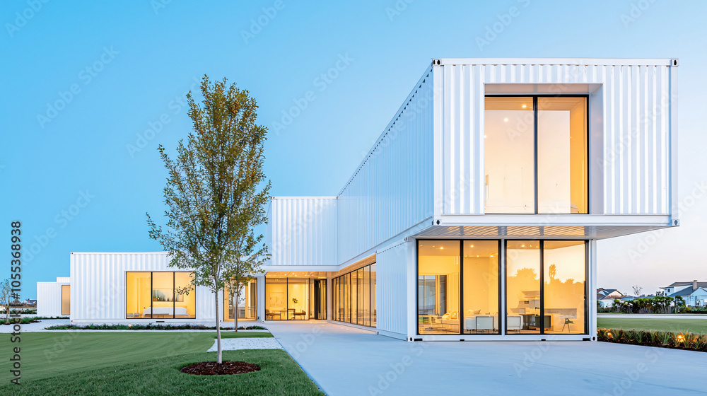 Obraz premium a white container coastal home, floor-to-ceiling windows