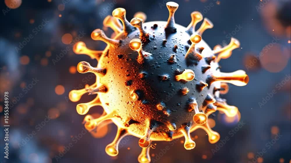 A digitally rendered image of a virus, characterized by spikes and a spherical shape, often representing disease-causing pathogens. A digitally rendered image of a virus, characterized by spikes and a spherical shape, often representing disease-causing pathogens.