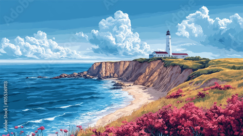 A stunning coastal view featuring a lighthouse atop a rugged cliff, surrounded by vibrant wildflowers and overlooking a serene ocean, under a clear blue sky with fluffy clouds