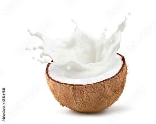 Canvastavla Coconut cut in half with milk splash isolated on white background