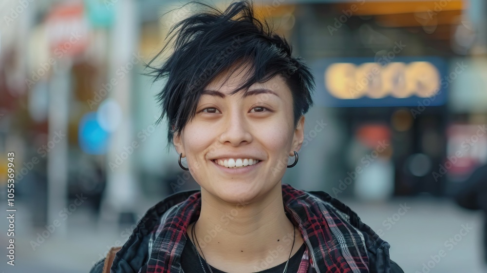 Happy friendly asian non binary LGBT person smiling to camera Happy friendly asian non binary LGBT person smiling to camera